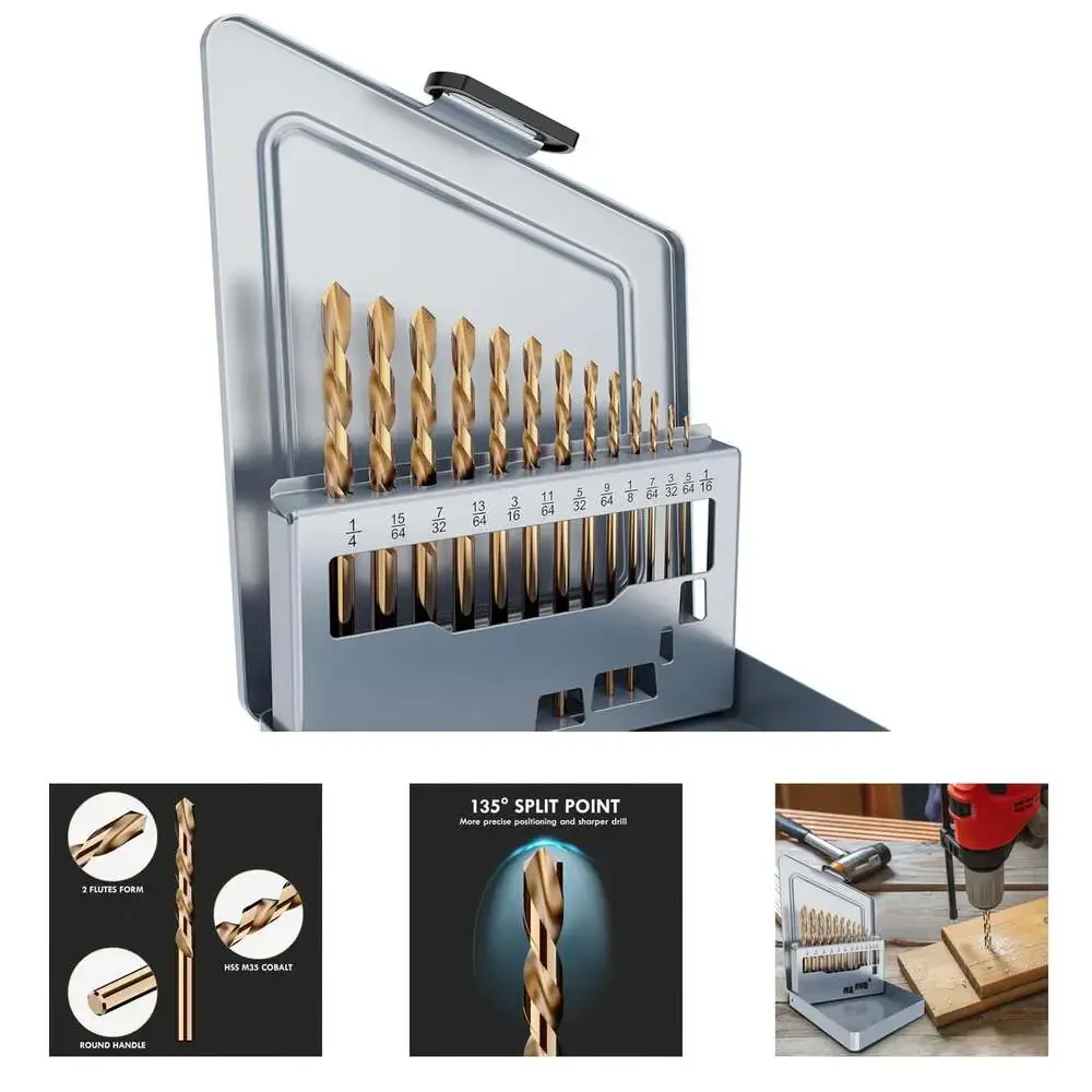 13 Piece Left Hand Cobalt Drill Bit Set HSS M35 for Hardened Steel Stainless
